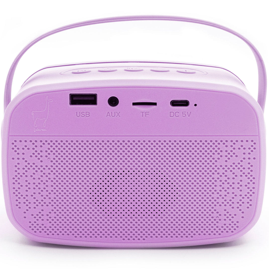 Achteraanzicht van de paarse lalarma copenhagen karaokeset speaker met USB-, AUX- en andere aansluitingen.