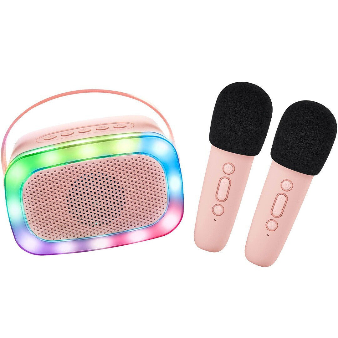 lalarma copenhagen roze karaokeset met regenboogverlichting en twee microfoons.