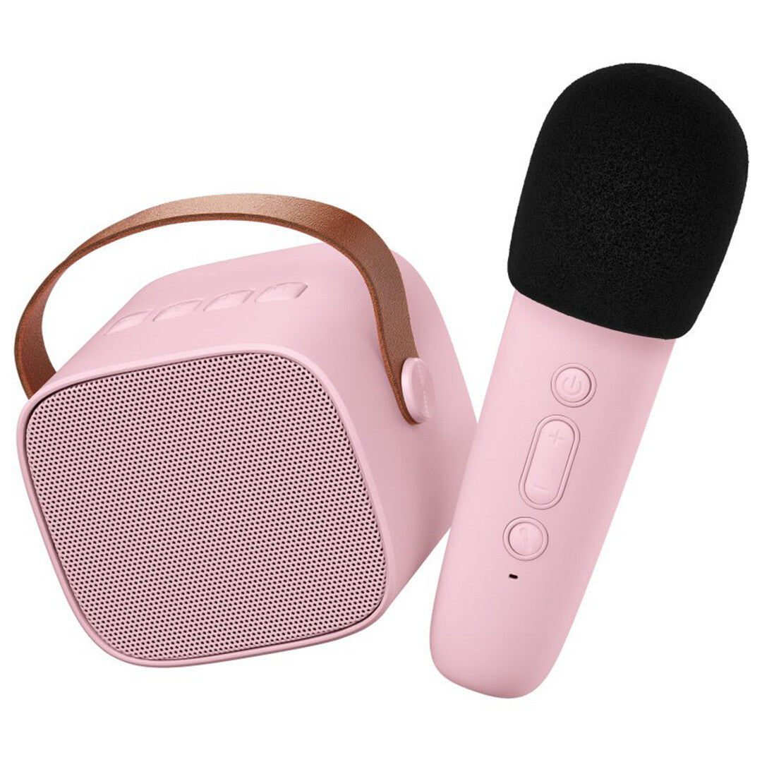 lalarma copenhagen roze karaokeset met vierkante speaker en microfoon.