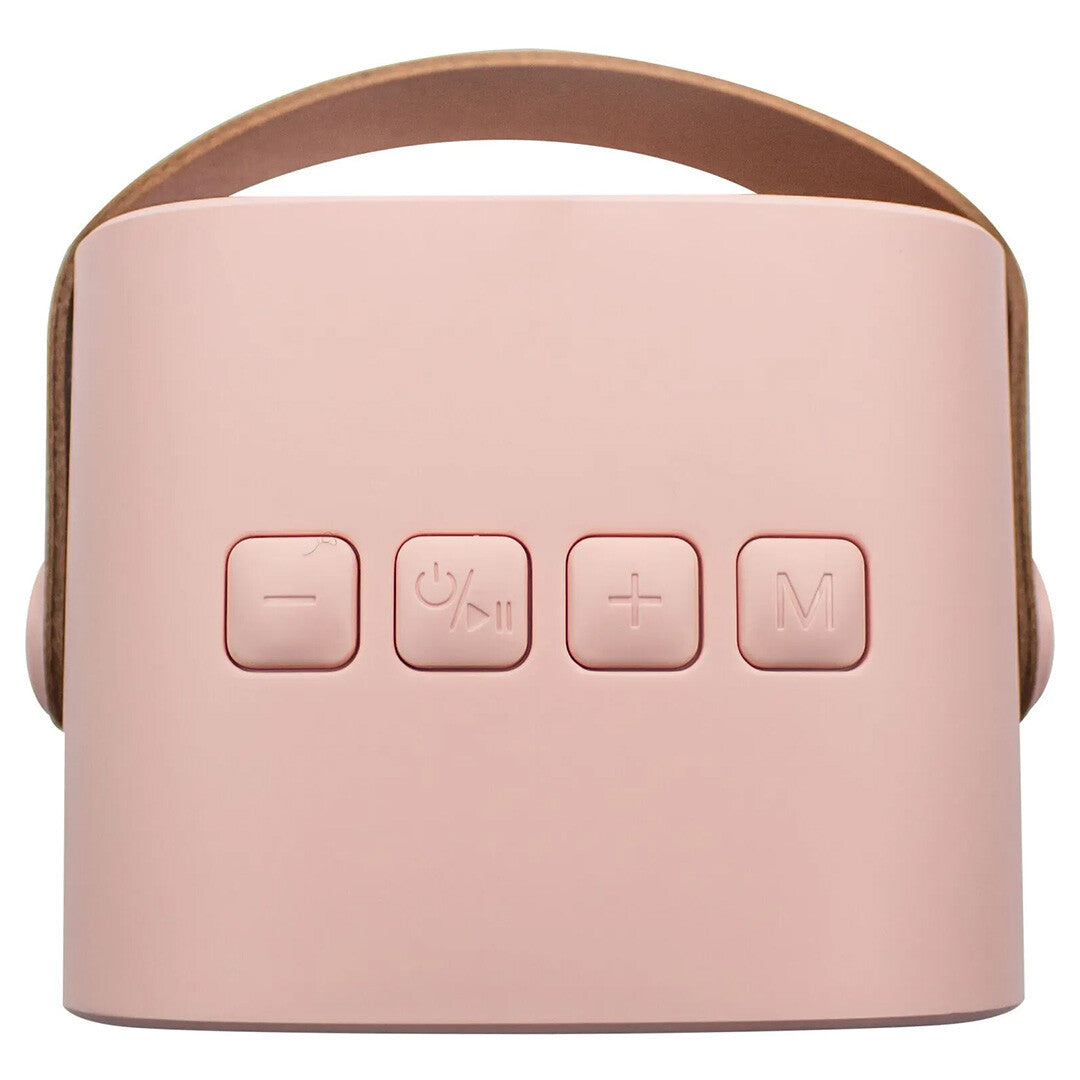 Detail van de achterkant van de roze karaokespeaker met bedieningsknoppen.