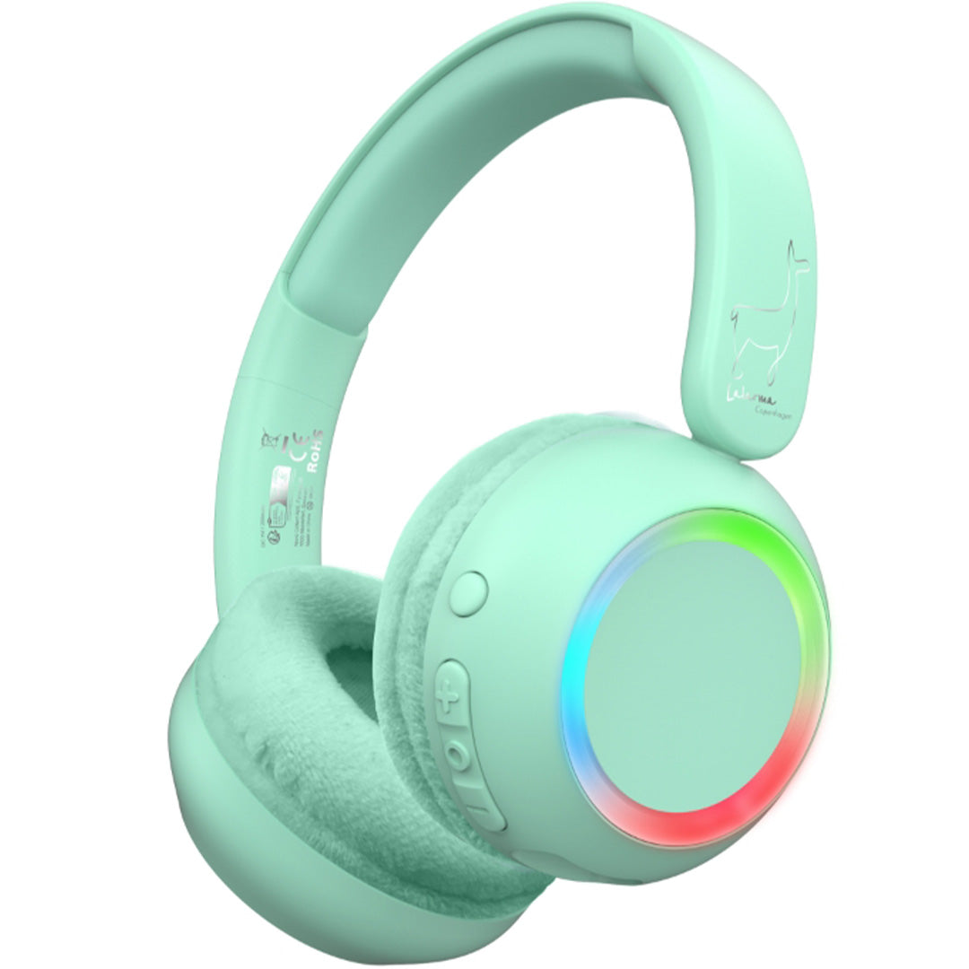 lalarma copenhagen groene kinderkoptelefoon met oplichtende ring en lama logo.