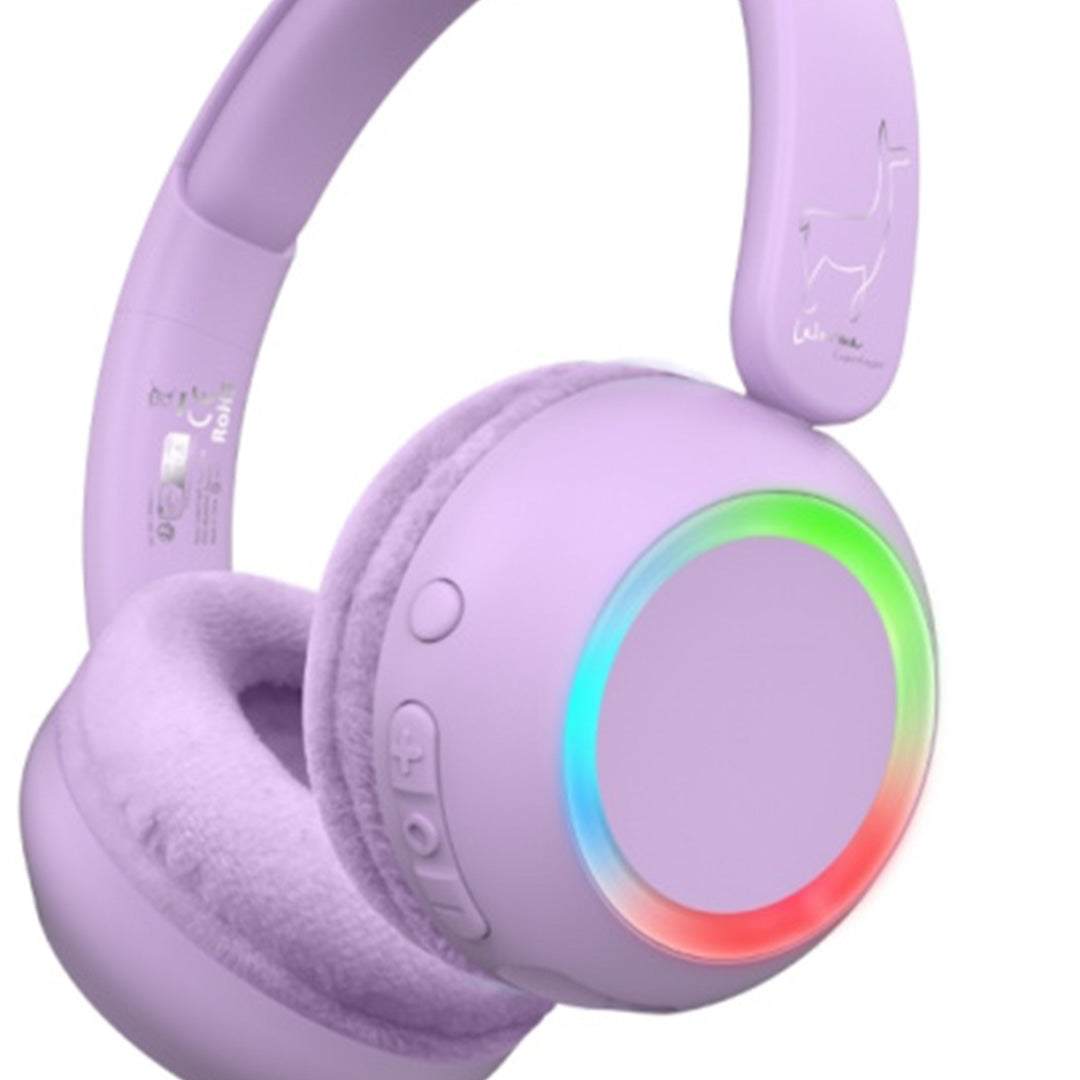 Detailopname van de Lalarma Copenhagen paarse kinderkoptelefoon met regenbooglicht, bedieningsknoppen en lama-logo.