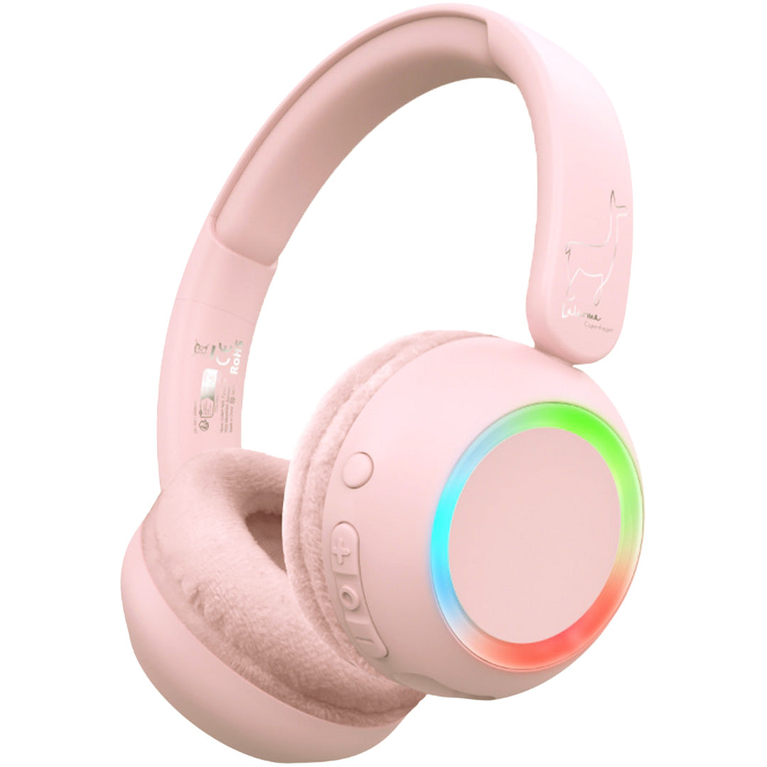 Roze lalarma draadloze kinderkoptelefoon met regenboogverlichting en een lama-afbeelding.