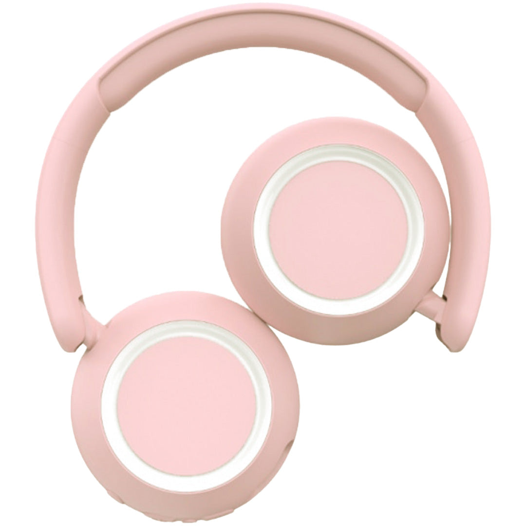 Roze lalarma draadloze kinderkoptelefoon van bovenaf gezien met de binnenkant van de oorschelpen.