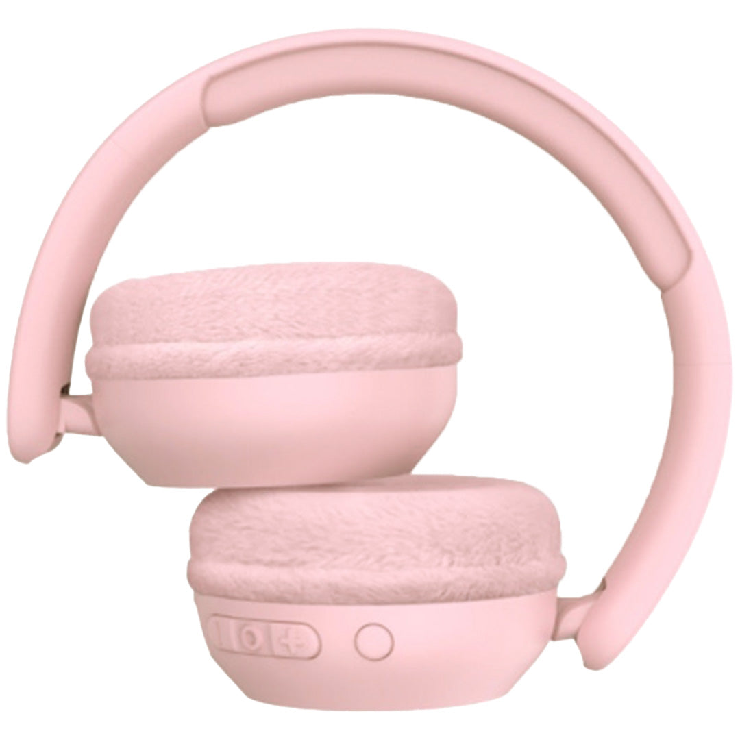 Opgevouwen roze lalarma draadloze kinderkoptelefoon met pluchen oorschelpen en bedieningsknoppen.
