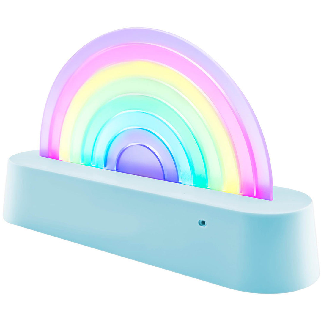 lalarma copenhagen verlichte regenboog nachtlamp met een lichtblauwe basis, schuin van voren gezien.