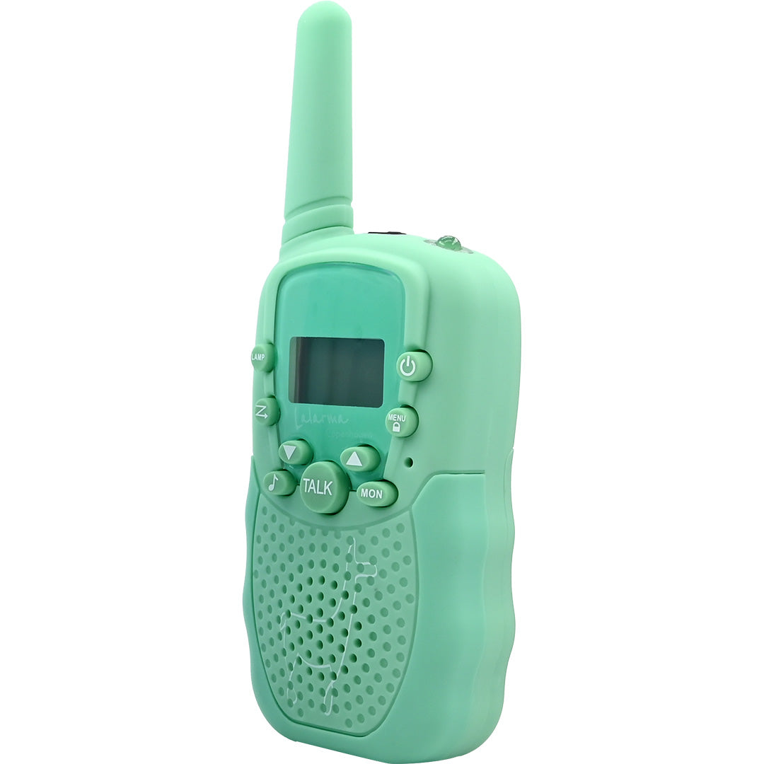 Lalarma Copenhagen groene walkie talkie, schuin vooraanzicht.