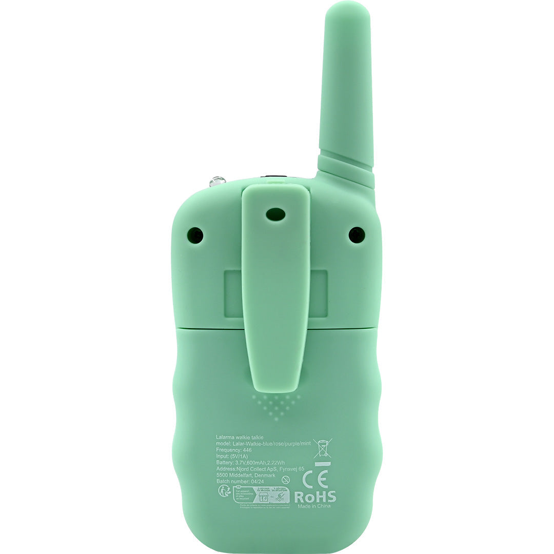 Achterkant van de groene Lalarma Copenhagen walkie talkie met riemclip.