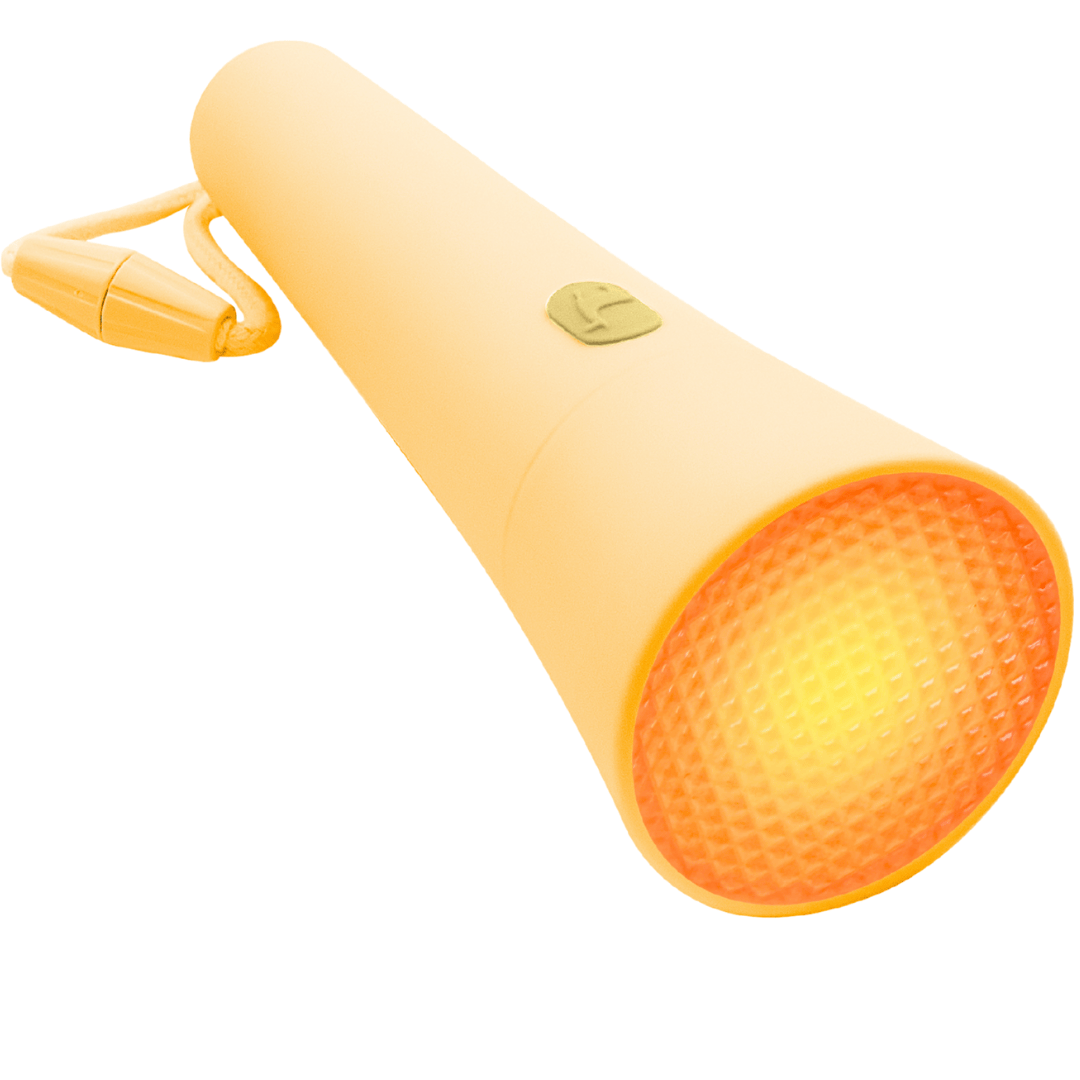 lalarma copenhagen gele zaklamp met oranje licht en een polsbandje.