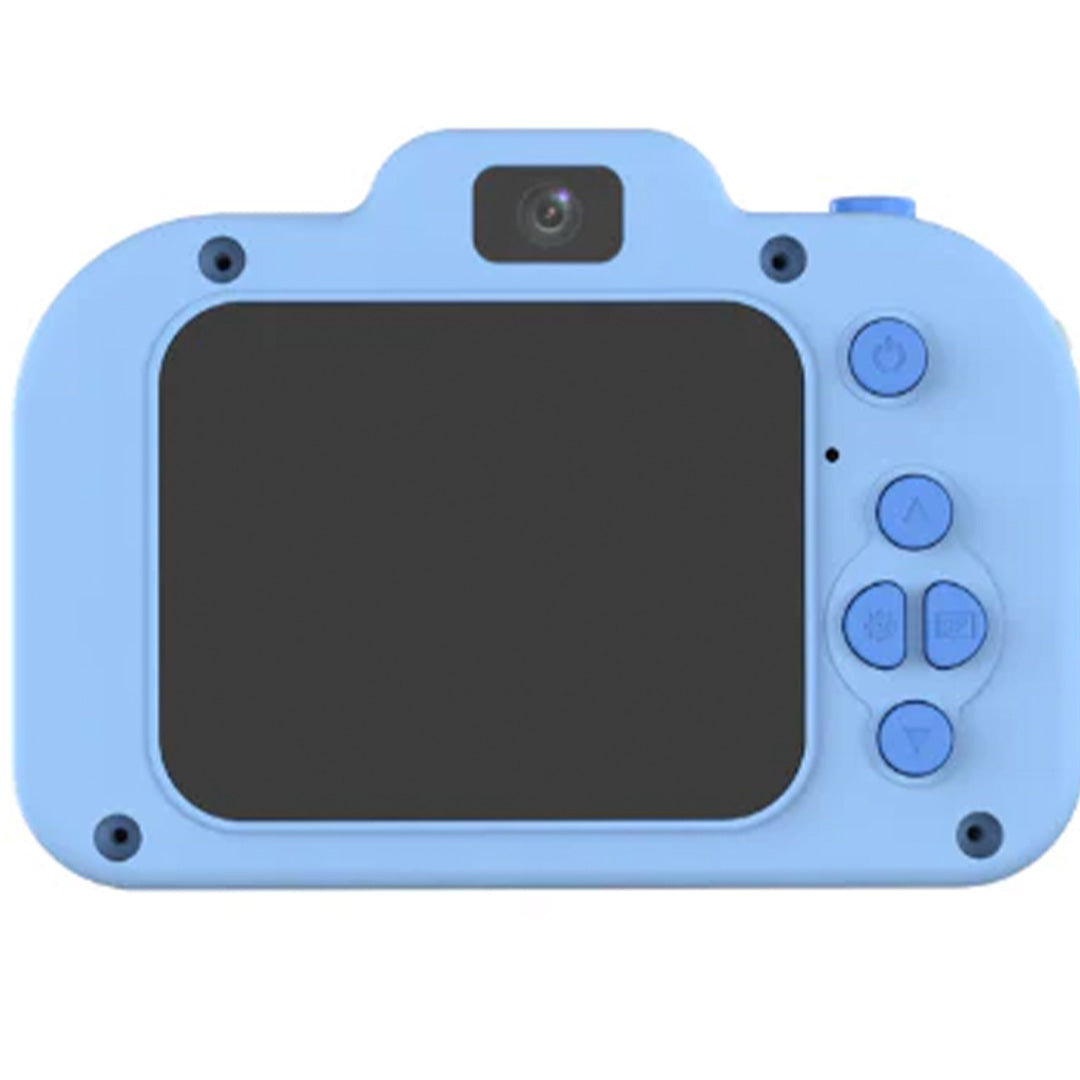 Achterkant van de blauwe lalarma copenhagen digitale kindercamera met scherm en bedieningsknoppen.