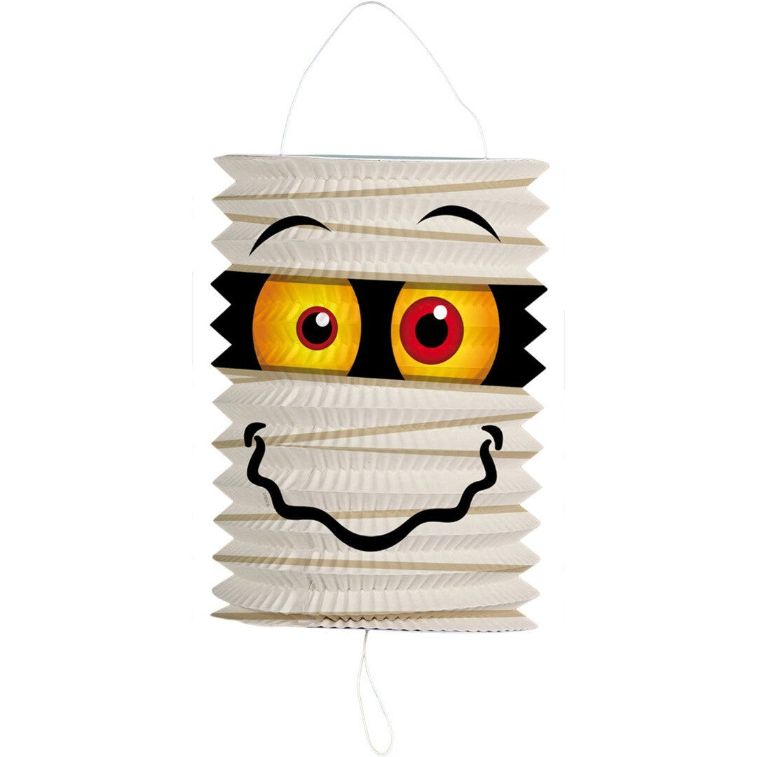Een beige rechthoekige Folat mummie lampion van papier met grote gele en rode ogen en een zwarte lachende mond.