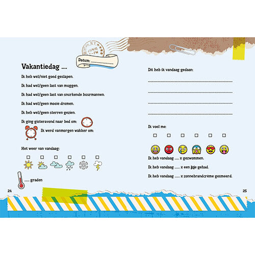 Binnenpagina van het reisdagboek met invulvragen over een vakantiedag, het weer en emoties.