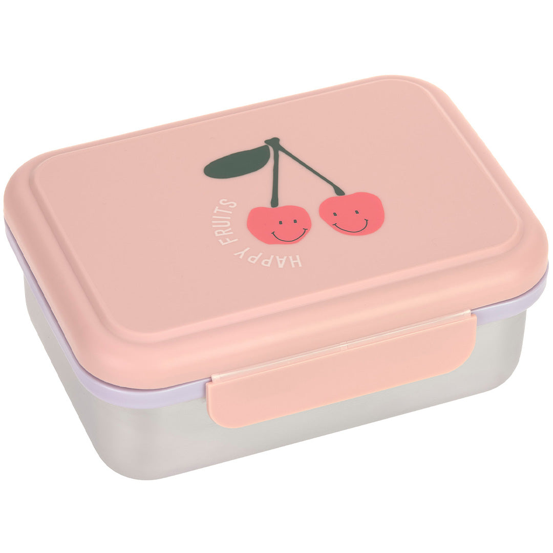 Lässig roze RVS broodtrommel voor kinderen met kersen en 'Happy Fruits' op de deksel.