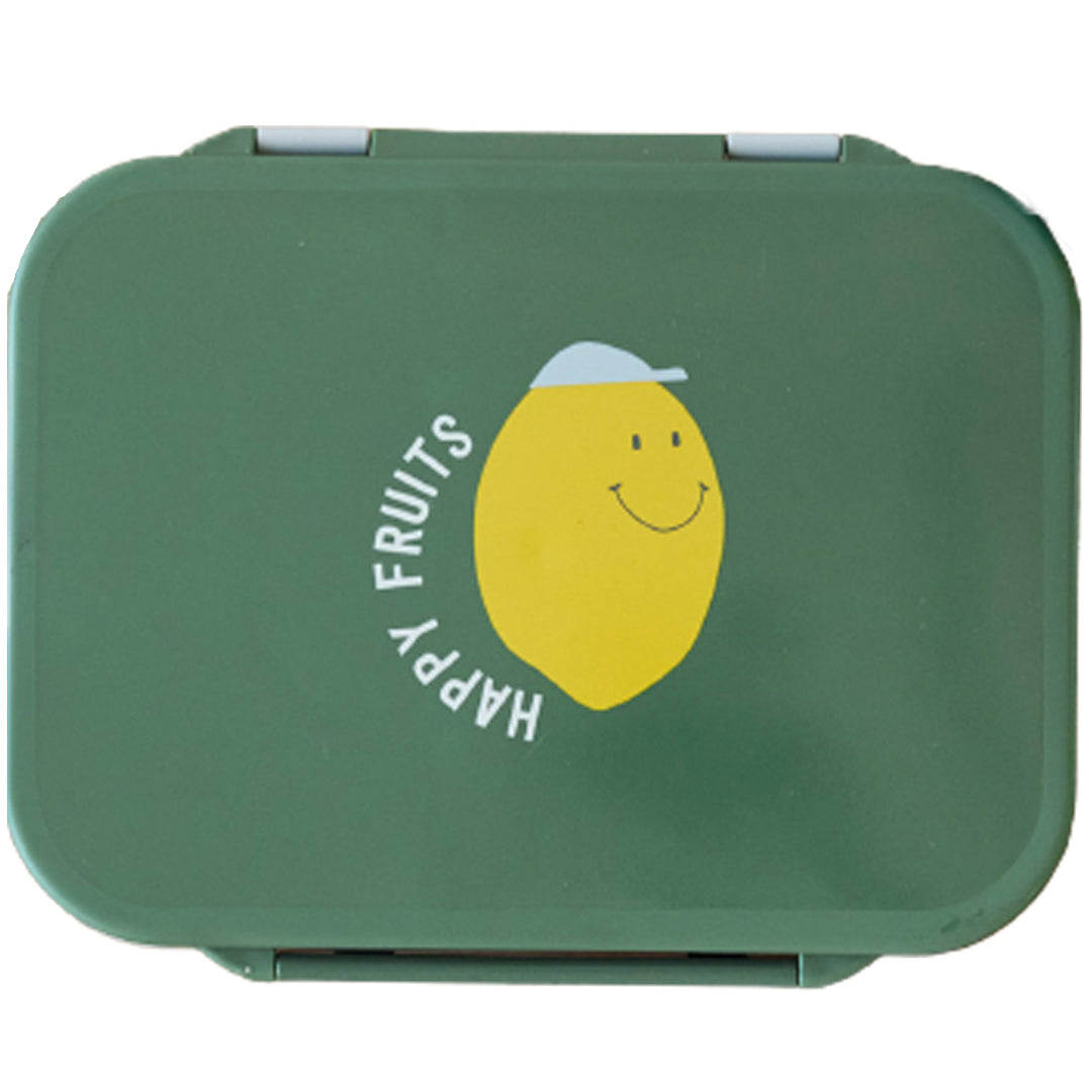 Lässig groene kinderbroodtrommel met een vrolijke citroen en de tekst "Happy Fruits" op de deksel.