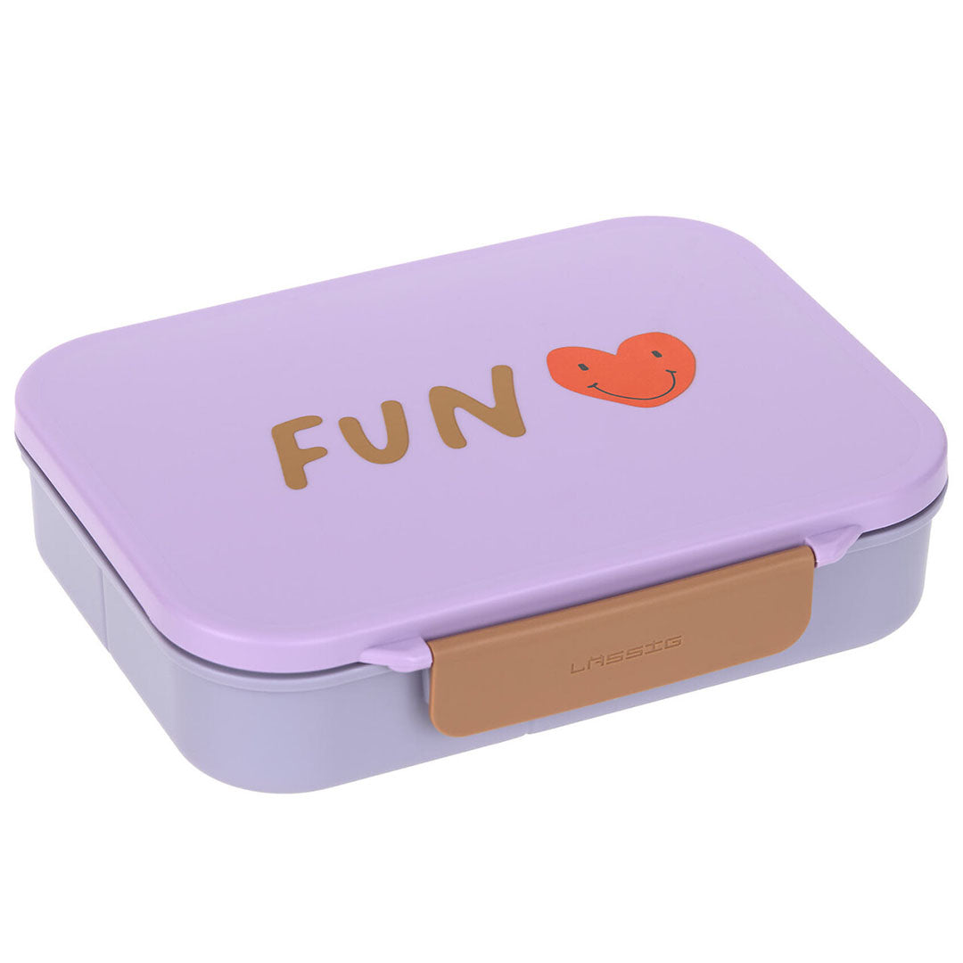 Lässig kinderbroodtrommel in paars met de tekst "FUN" en een hartje op de deksel.