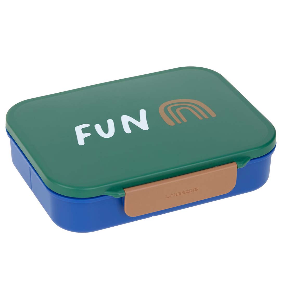 Lässig bento-broodtrommel met groene deksel met 'FUN' tekst en regenboog, en blauwe onderkant.