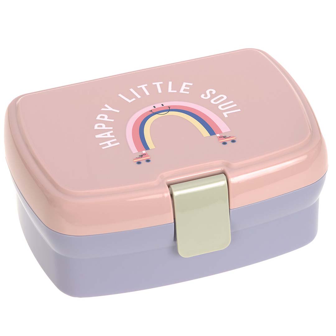 Lässig kinderbroodtrommel met roze deksel, paarse onderkant en een regenboogprint met de tekst "HAPPY LITTLE SOUL".