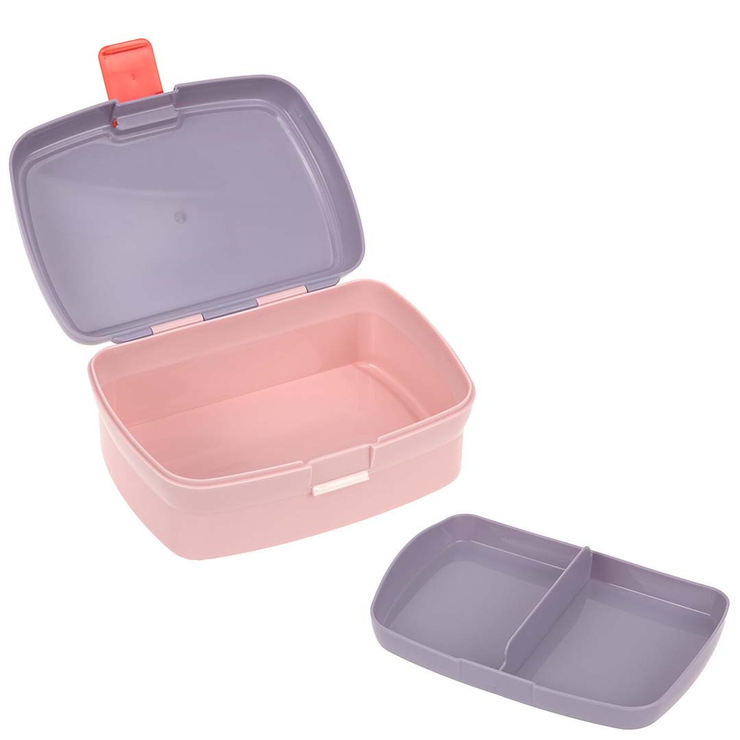 Open broodtrommel met deksel en een losse paarse tray met twee vakken ernaast.