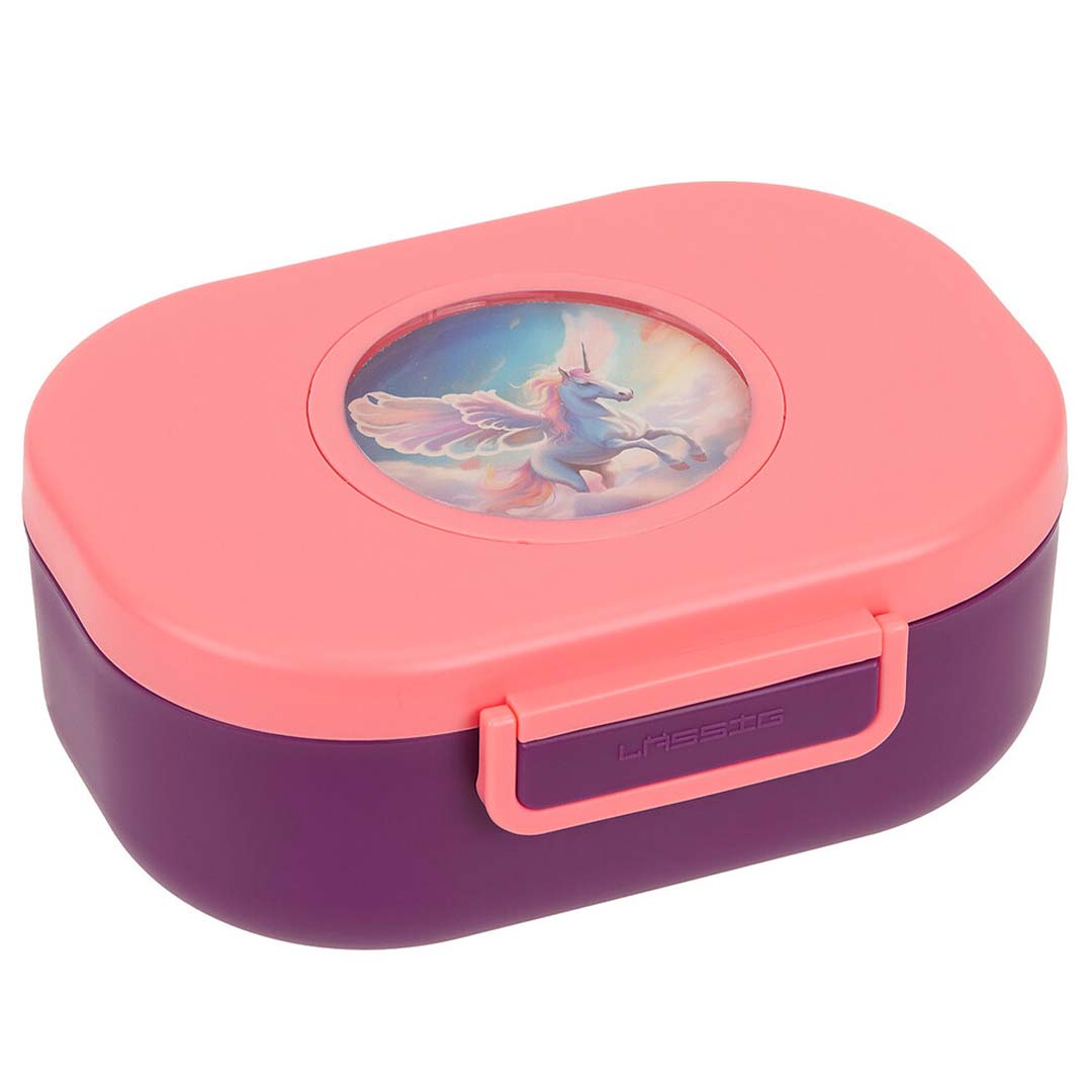 Lässig broodtrommel in berry-pink en paars met een eenhoornafbeelding op de deksel.