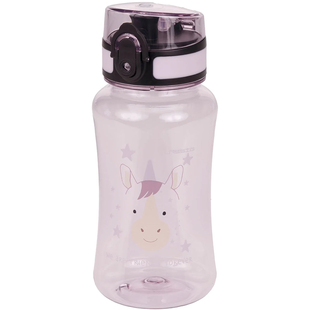 Lässig kinder drinkfles met eenhoorn, sterren en tekst, met gesloten roze dop.