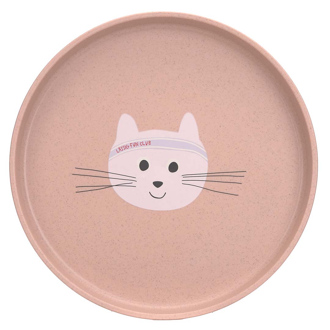 Lässig kinderbord in roze met een kattengezicht, recht van bovenaf gefotografeerd.