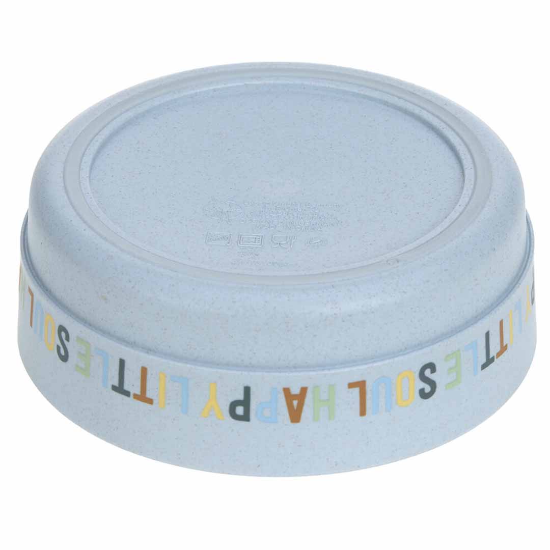Lässig lichtblauwe kinderkom ondersteboven met de tekst 'LITTLE SOUL HAPPY LITTLE S' op de zijkant.