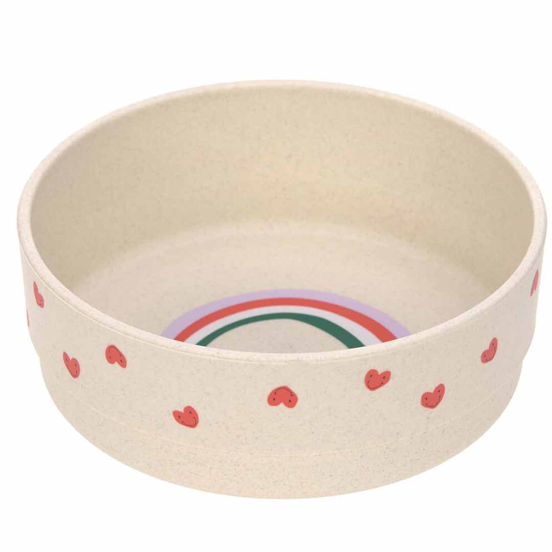 Lässig kinderkom met hartenpatroon aan de buitenkant en een regenboog aan de binnenkant.