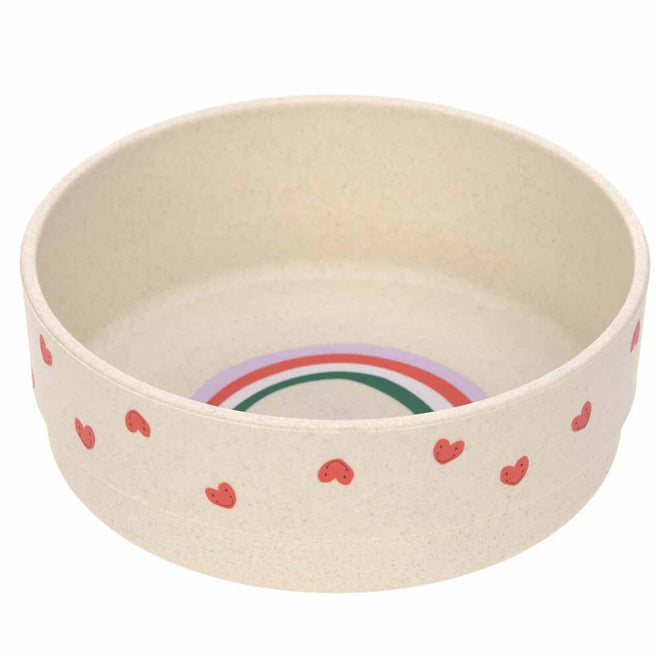 Lässig kinderkom met hartenpatroon aan de buitenkant en een regenboog aan de binnenkant.