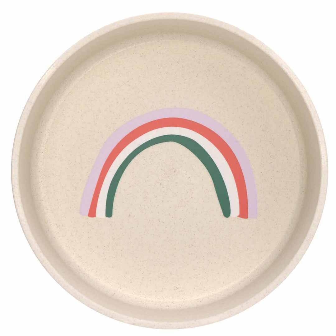 Lässig kinderkom van bovenaf gezien met een regenboogpatroon op de bodem.