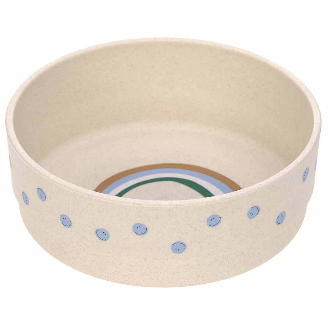 Lässig kinderkom met regenboogpatroon aan de binnenkant en blauwe smiley gezichtjes aan de buitenkant.