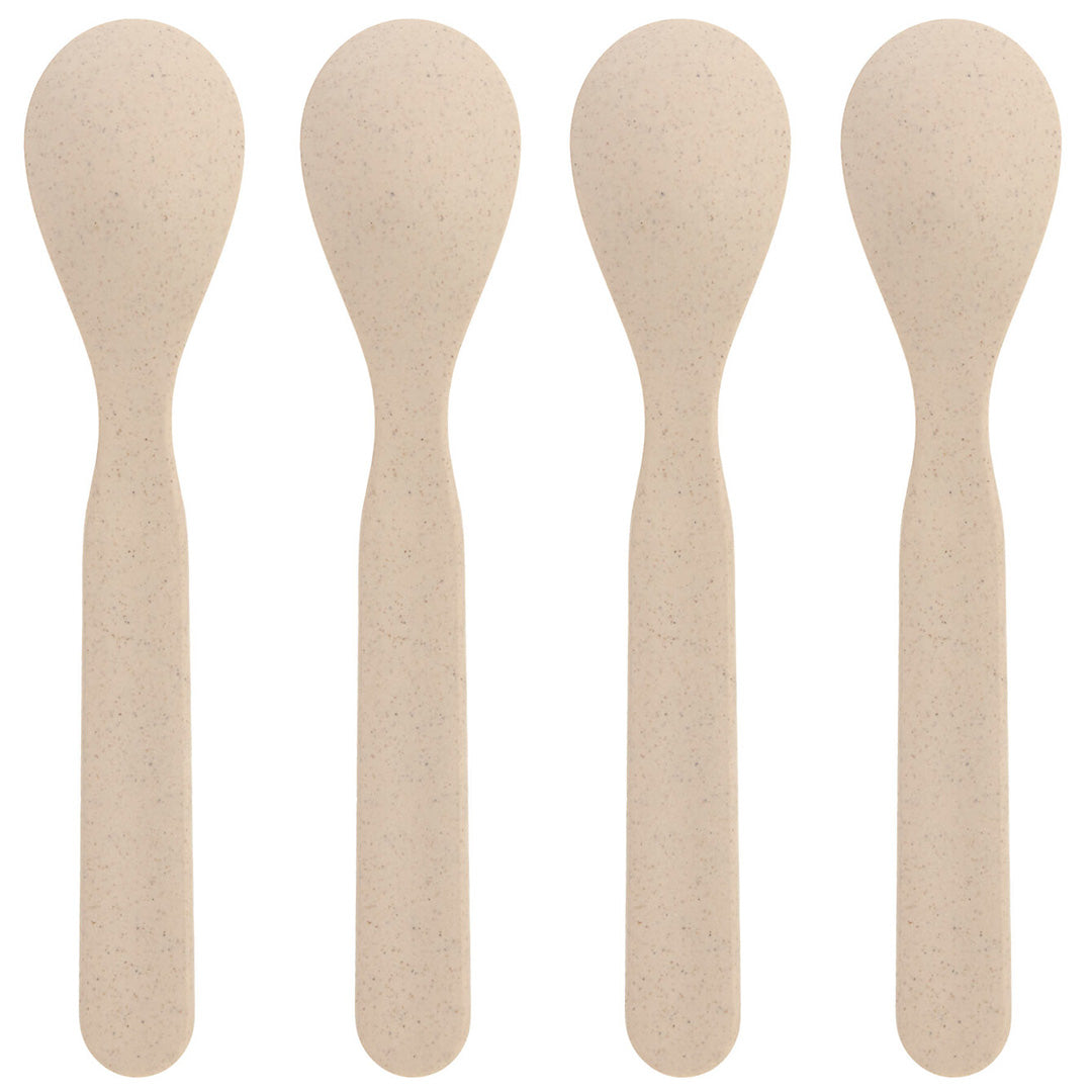 Achterkant van vier effen beige lässig kinderlepels.