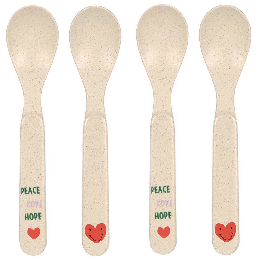 Vier beige Lässig kinderlepels met de tekst 'PEACE LOVE HOPE' en een rood hartje.