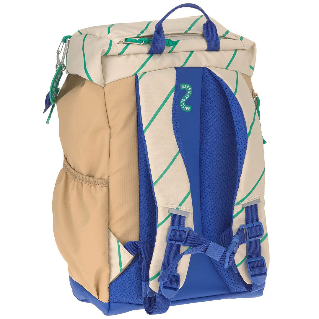 Achteraanzicht van de kinderrugzak met blauwe schouderbanden en rugpaneel.