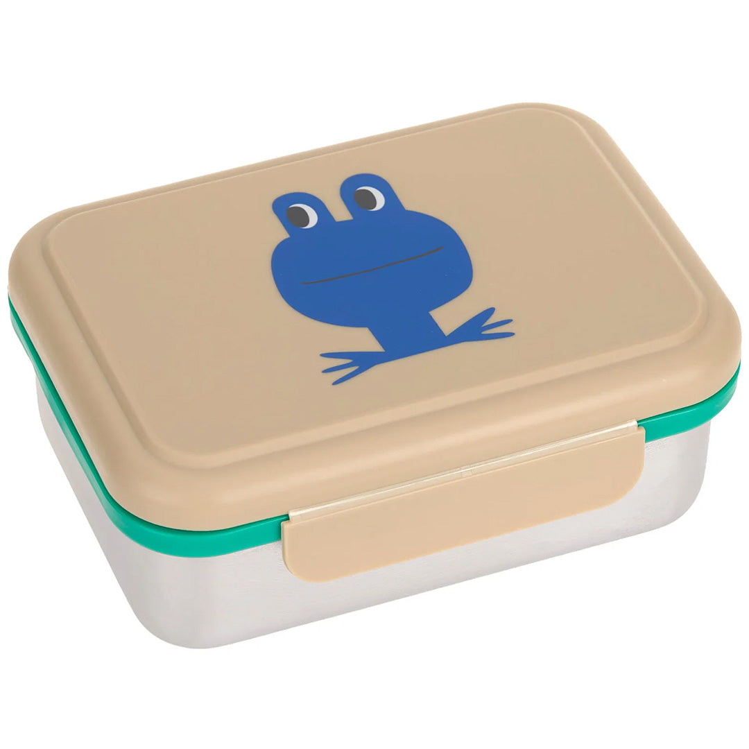 Lässig RVS broodtrommel met beige deksel en blauwe kikkerillustratie.
