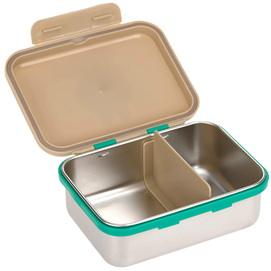 Open Lässig RVS broodtrommel met beige deksel en interne verdeler.