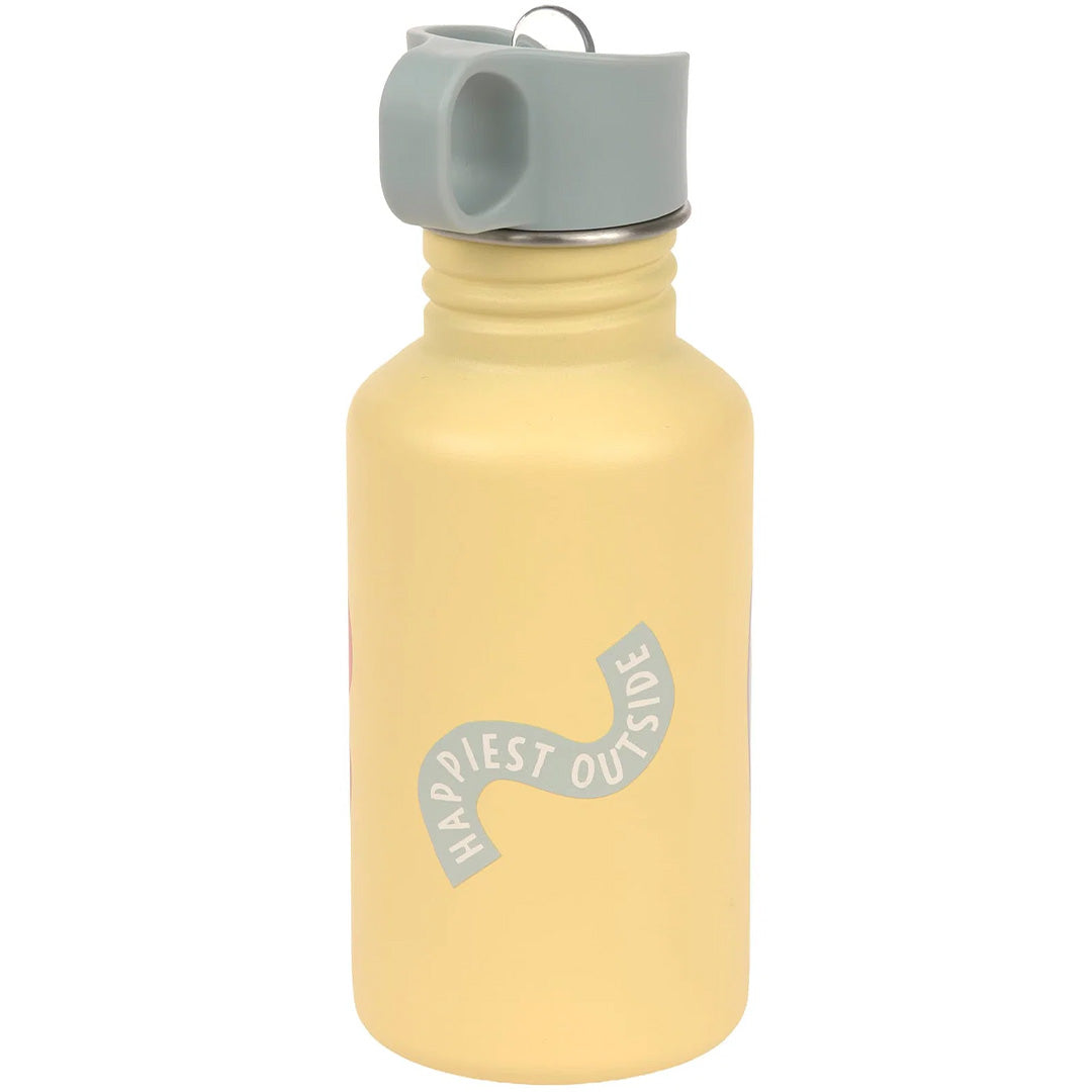 Lässig gele kinderdrinkfles van roestvrij staal met de tekst "HAPPIEST OUTSIDE".