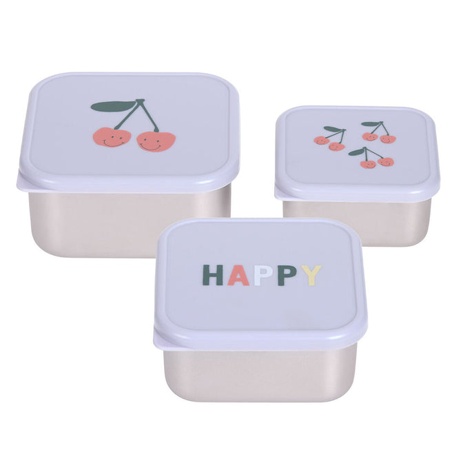 Lässig rvs snackdoosjes voor kinderen in drie maten met deksels met kersen en 'HAPPY' opdruk.