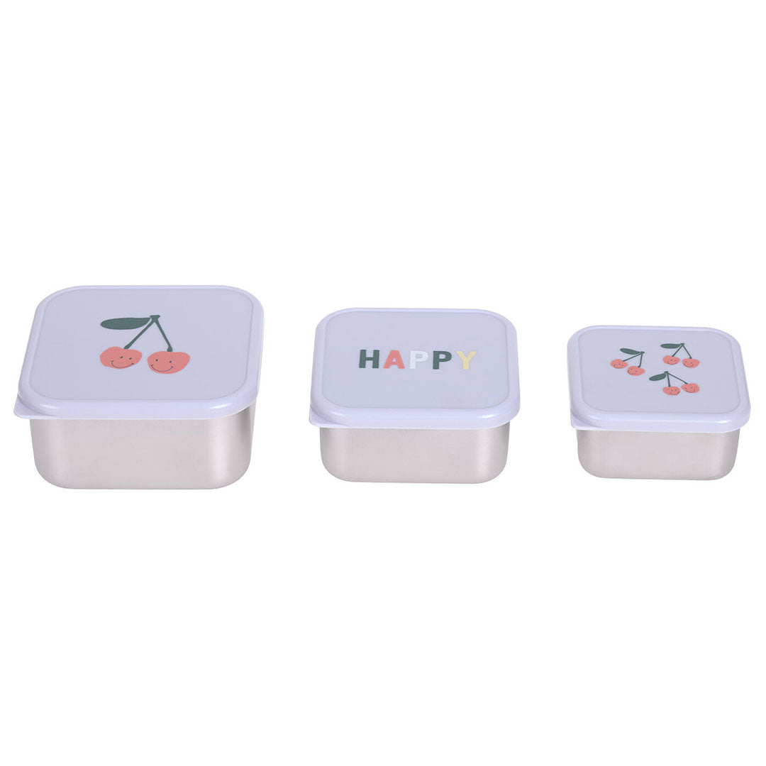 Drie Lässig rvs snackdoosjes voor kinderen in verschillende maten op een rij, met deksels met kersen en 'HAPPY' opdruk.