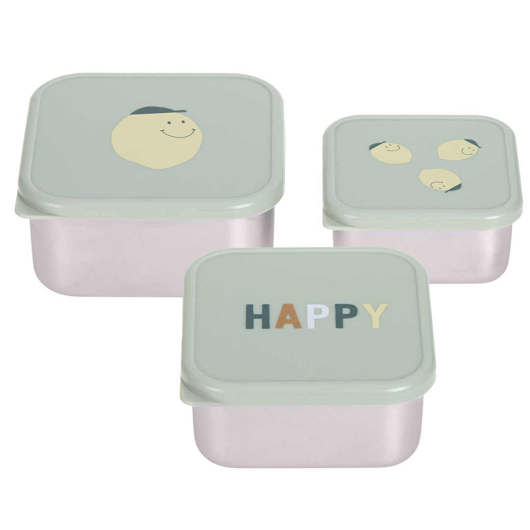 Drie lässig rvs snackdoosjes voor kinderen in verschillende maten met lichtgroene deksels met citroen- en 'HAPPY'-opdruk.