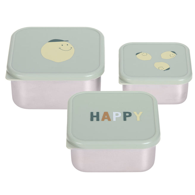 Drie lässig rvs snackdoosjes voor kinderen in verschillende maten met lichtgroene deksels met citroen- en 'HAPPY'-opdruk.