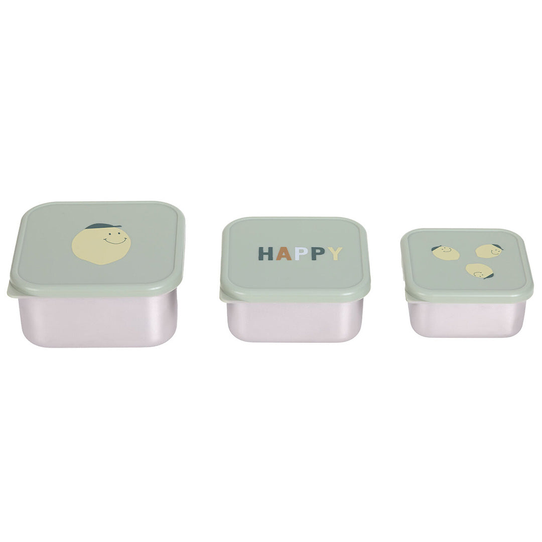 Drie lässig rvs snackdoosjes voor kinderen in verschillende maten op een rij, met deksels met citroen- en 'HAPPY'-opdruk.