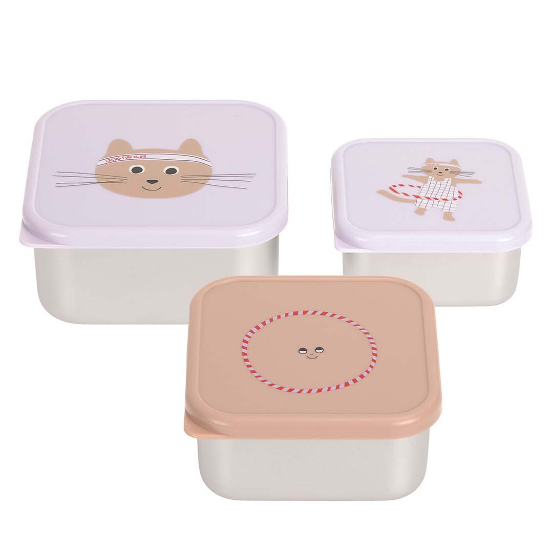 Drie lässig rvs snackdoosjes voor kinderen met kattenfiguren op de deksels.