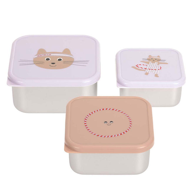 Drie lässig rvs snackdoosjes voor kinderen met kattenfiguren op de deksels.