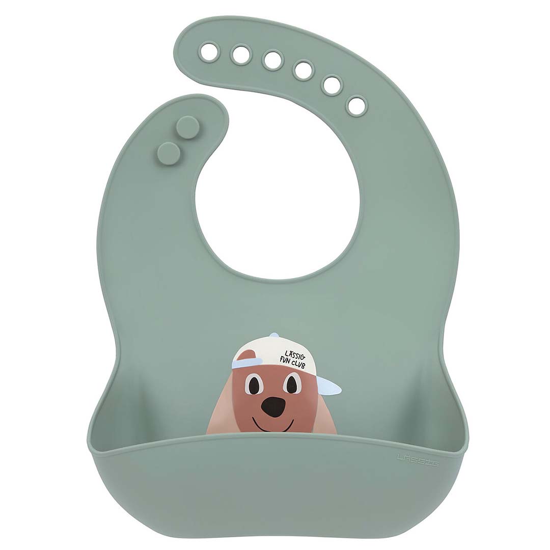 Lässig groen siliconen slabbetje met een afbeelding van een hond met pet.