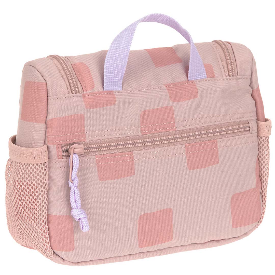 Achterkant van de Lässig roze toilettas met handvat, ritsvak en zijvakken van mesh.