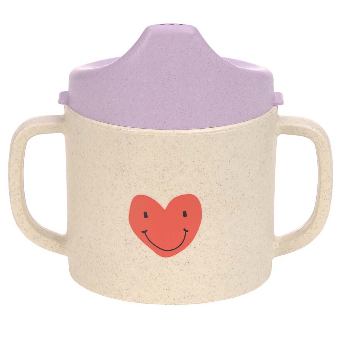 Lässig tuitbeker voor baby's en peuters met paarse deksel en rood hartje.