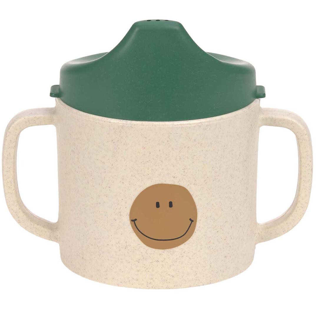 Lässig tuitbeker voor baby's en peuters, beige met groene tuit en een bruine smiley.