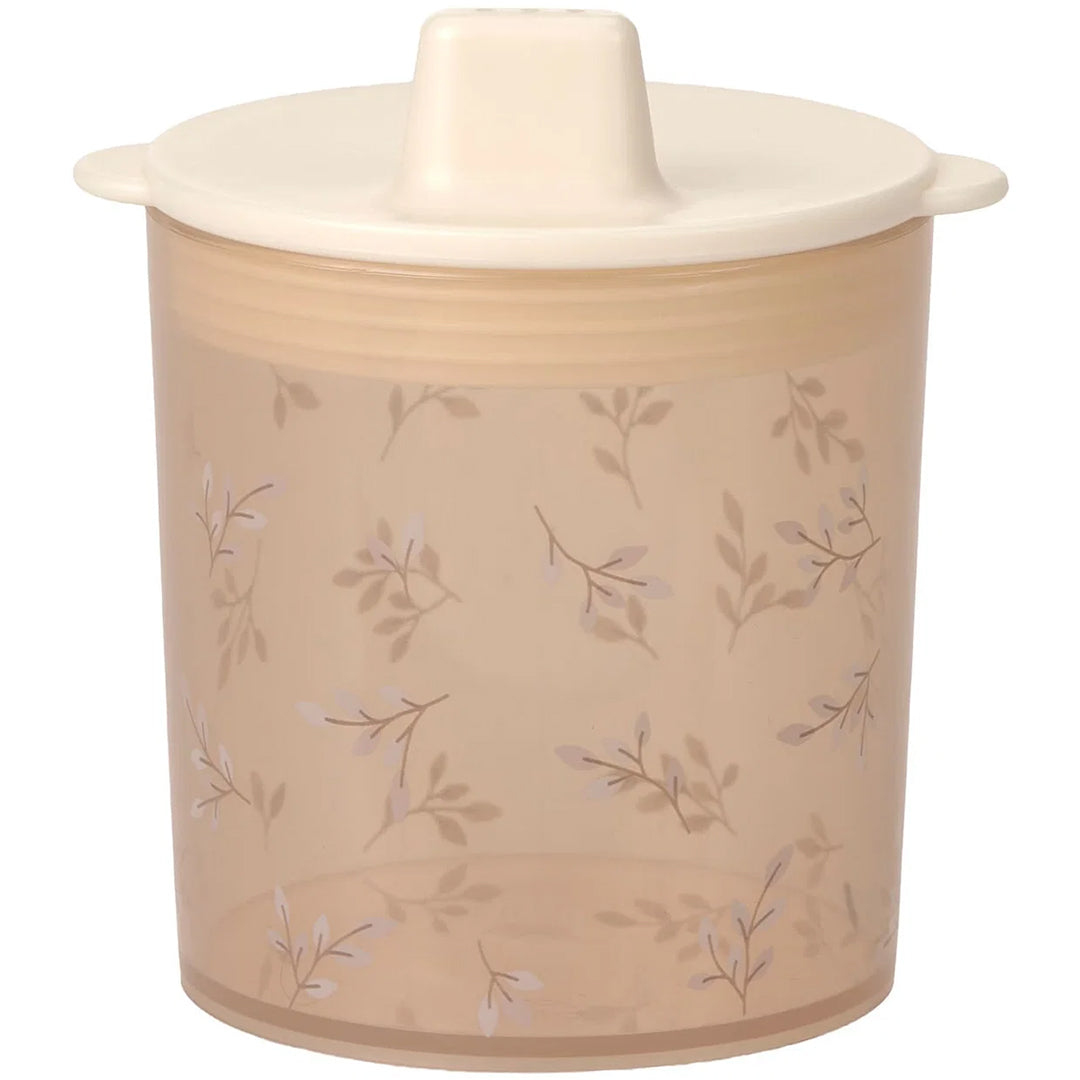 Lässig tuitbeker met bladerenpatroon en beige tuitdeksel, zonder handvatten.