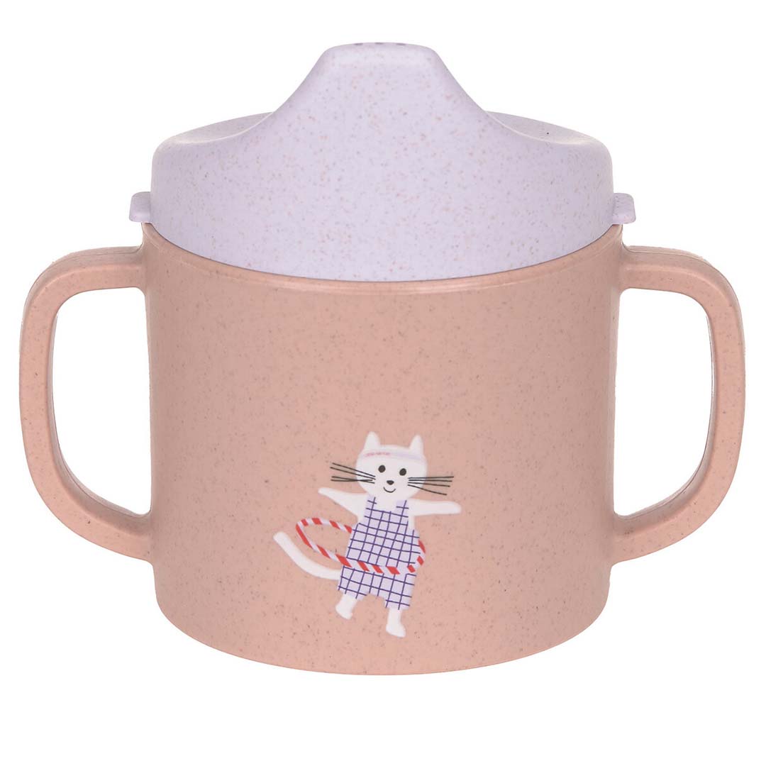 Lässig tuitbeker met beige beker, paarse tuit en een kat die met een hoelahoep speelt.