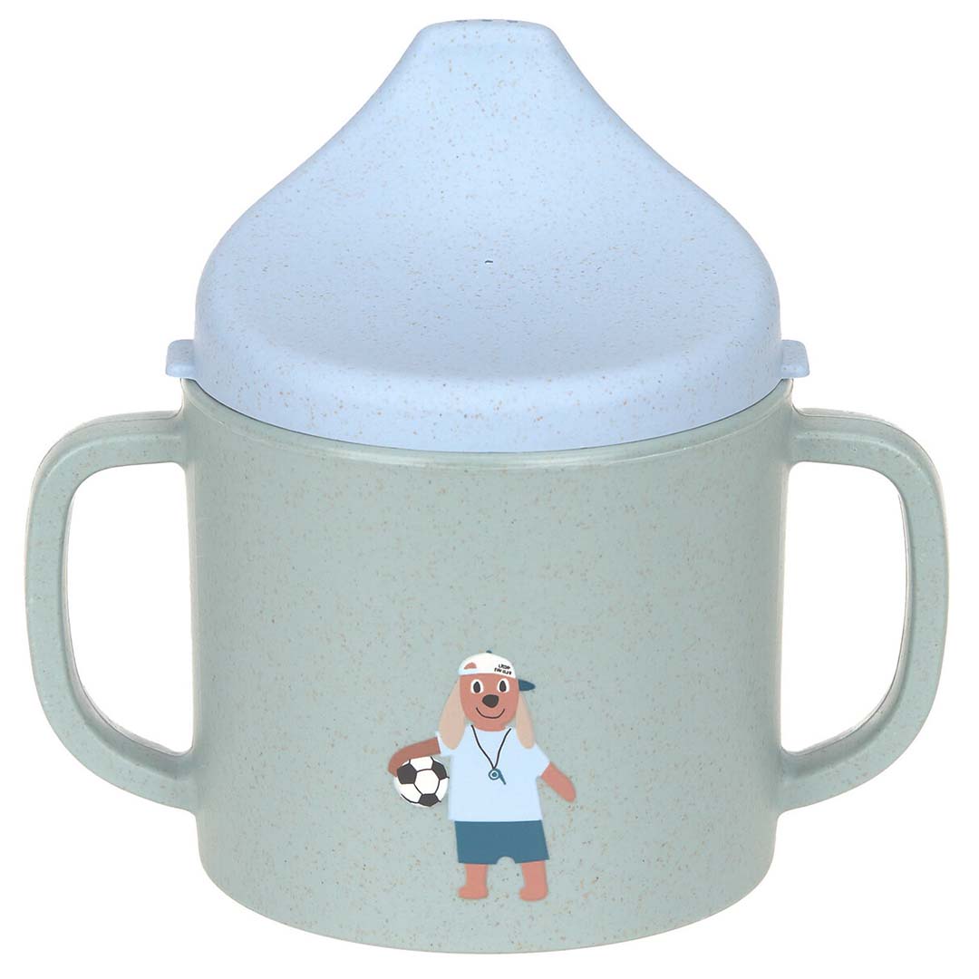 Lässig groene tuitbeker met lichtblauwe deksel en een hondje als voetbalcoach.